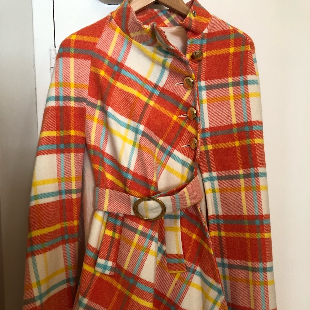 Vintage Plaid belted Poncho Cape